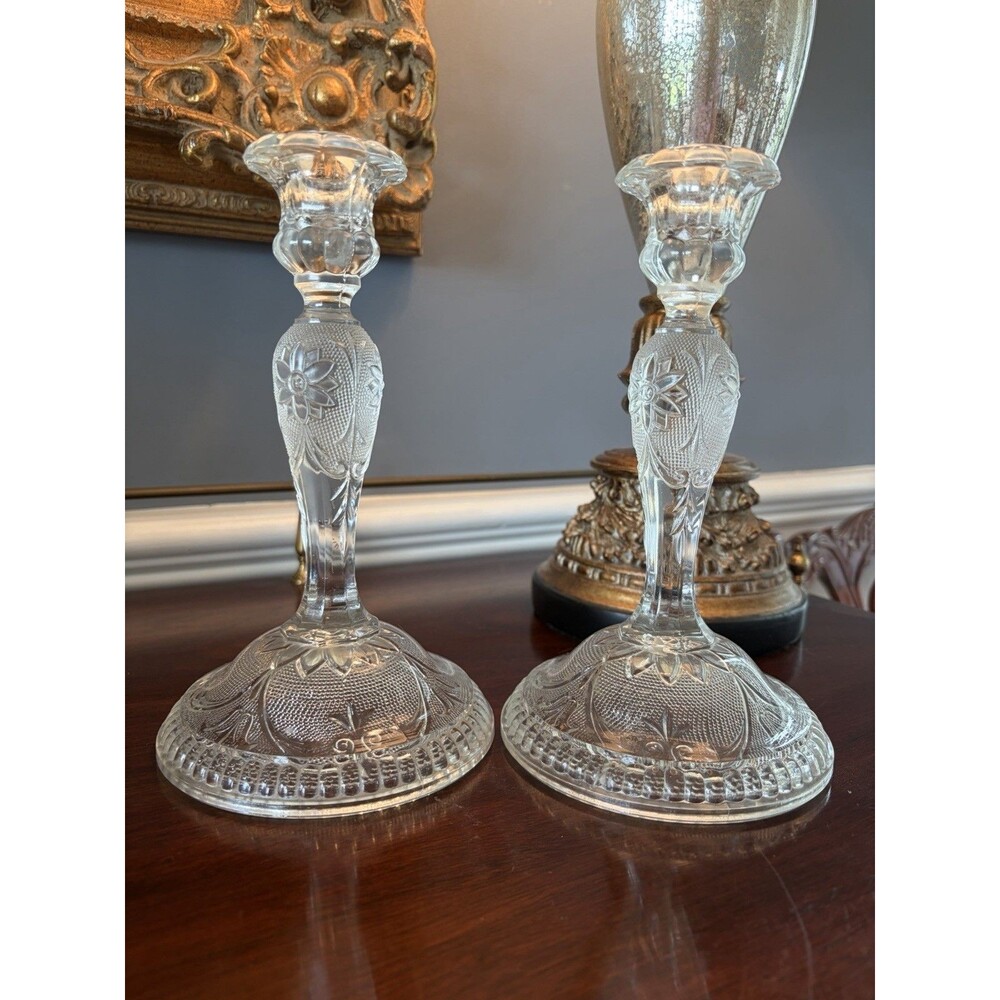 Pair Tiara Indiana Sandwich Glass Candlestick 8.5” Chantilly Clear Pressed Glass